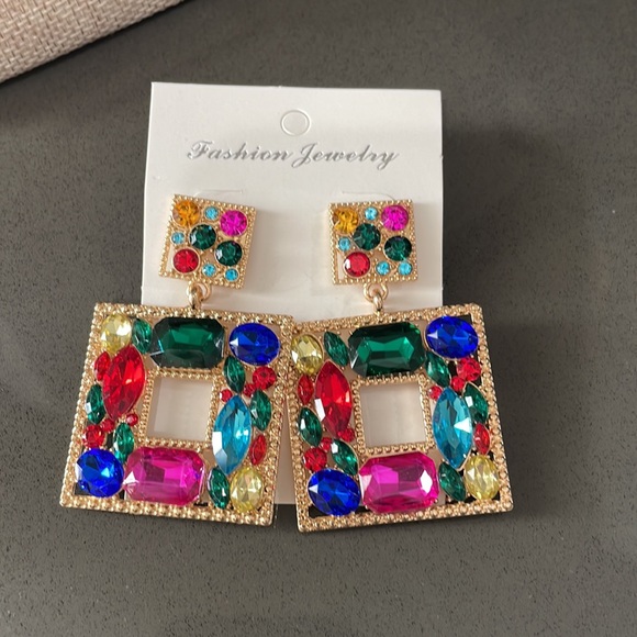 Multi-colored Rhinestone Square Drop Earrings - Picture 5 of 5